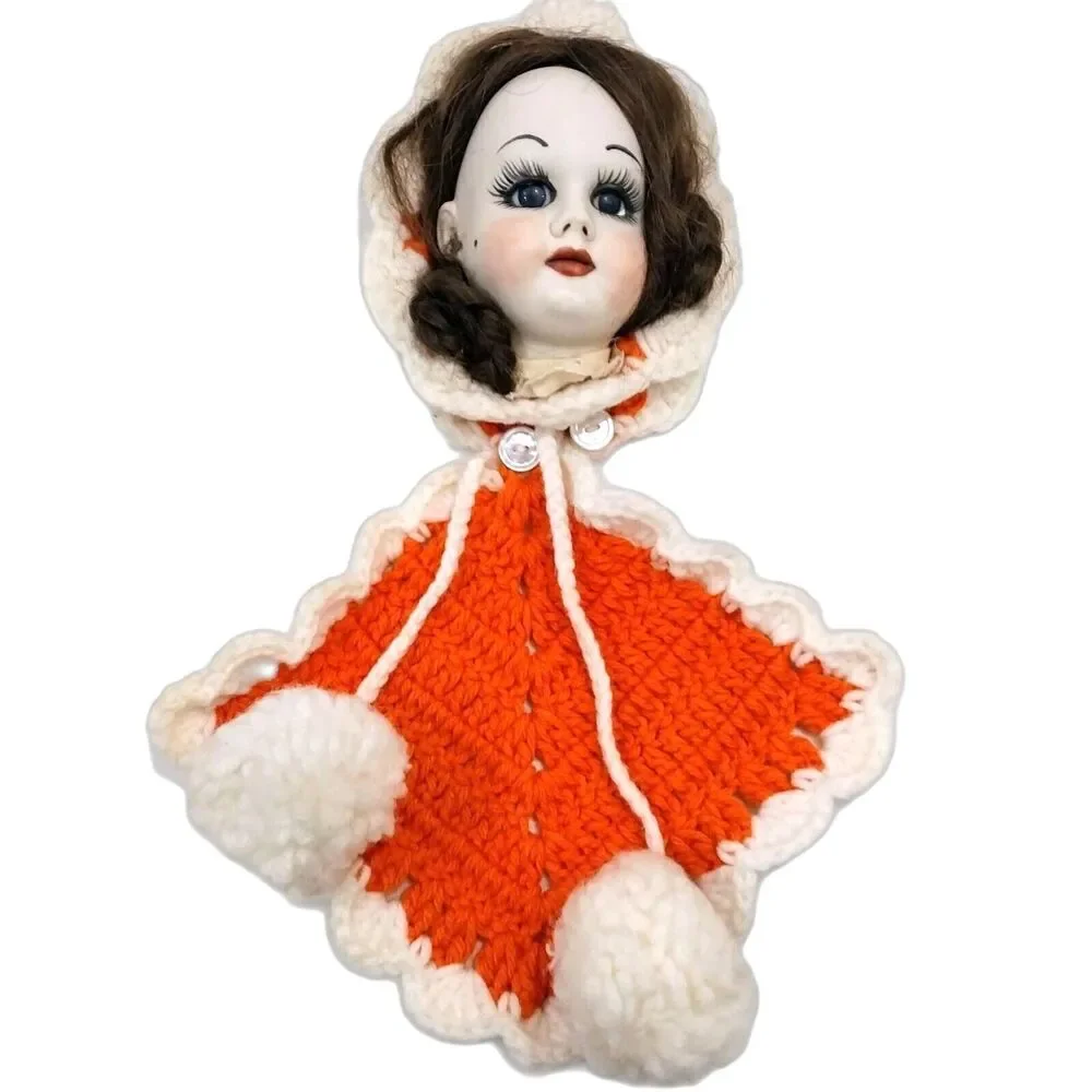 Vintage  Porcelain Doll Head Wall Hanging With Orange Crochet #A007